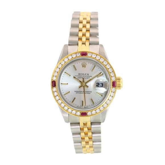 ROLEX DATEJUST SILVER INDEX DIAL DIAMOND-RUBY JUBILEE TWO-TONE 26MM WATCH 69173 - Picture 2 of 8